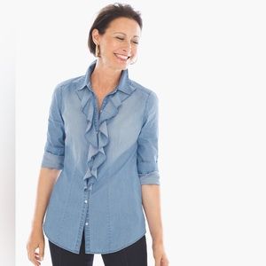 NWT Chicos 100% Cotton Ruffle Denim Button Up Shirt Women’s Size 4 / XXL